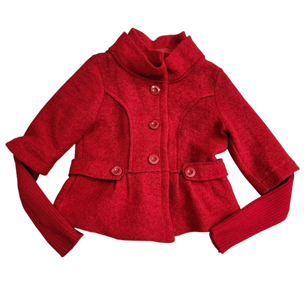 Modissima Wool Blend Jacket Red Button Ribbed Knit Sleeve Italy Small